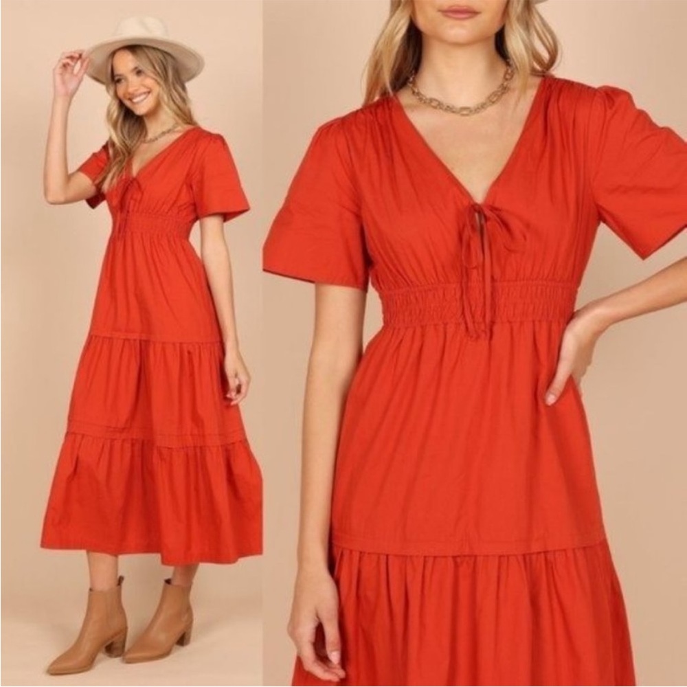 Petal & Pup NEW Madelyn Cotton Bohemian Tiered Maxi Dress in Red Size L